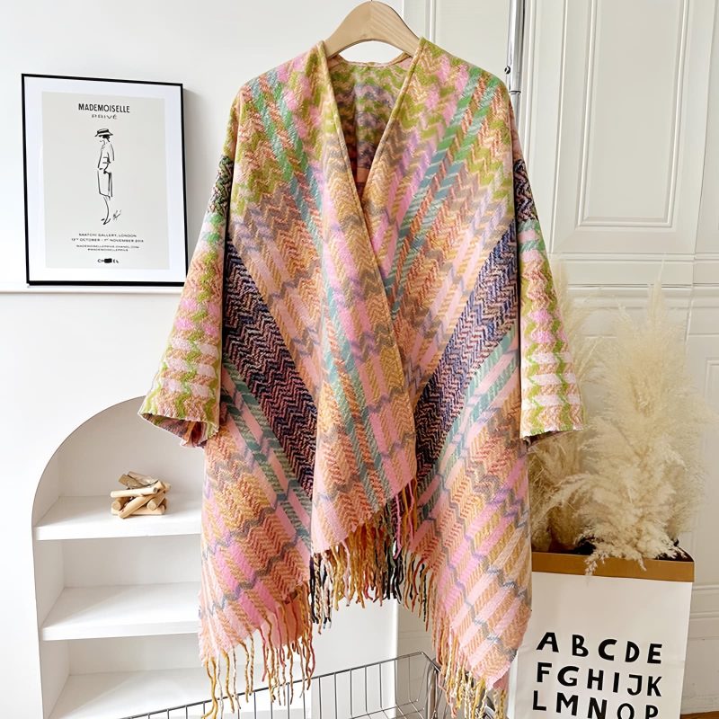 Chale Tibetano de Rayas Onduladas y Colores Vibrantes Tibetan Colorful Wavy Striped Shawl