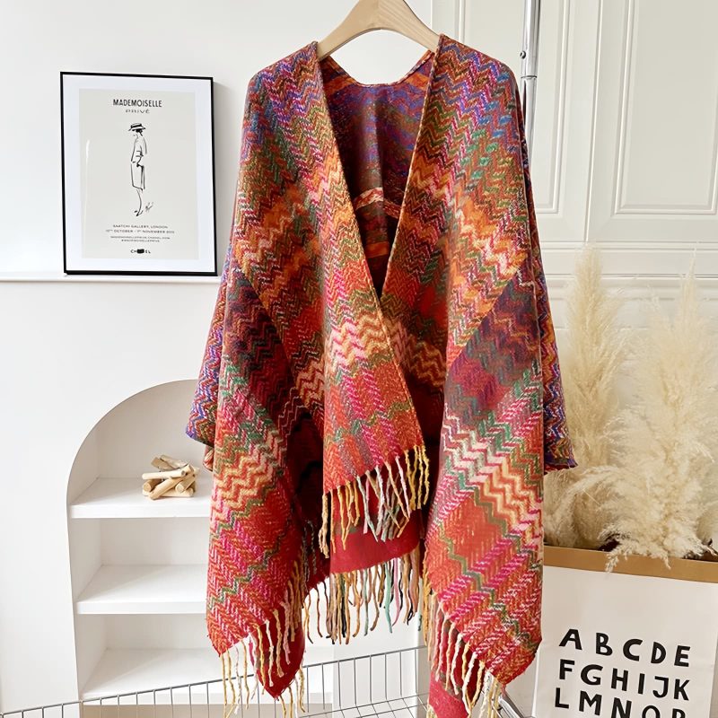 Chale Tibetano de Rayas Onduladas y Colores Vibrantes Tibetan Colorful Wavy Striped Shawl