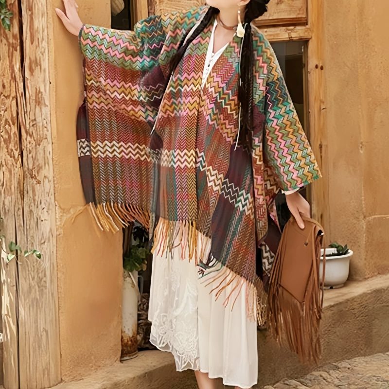 Chale Tibetano de Rayas Onduladas y Colores Vibrantes Tibetan Colorful Wavy Striped Shawl