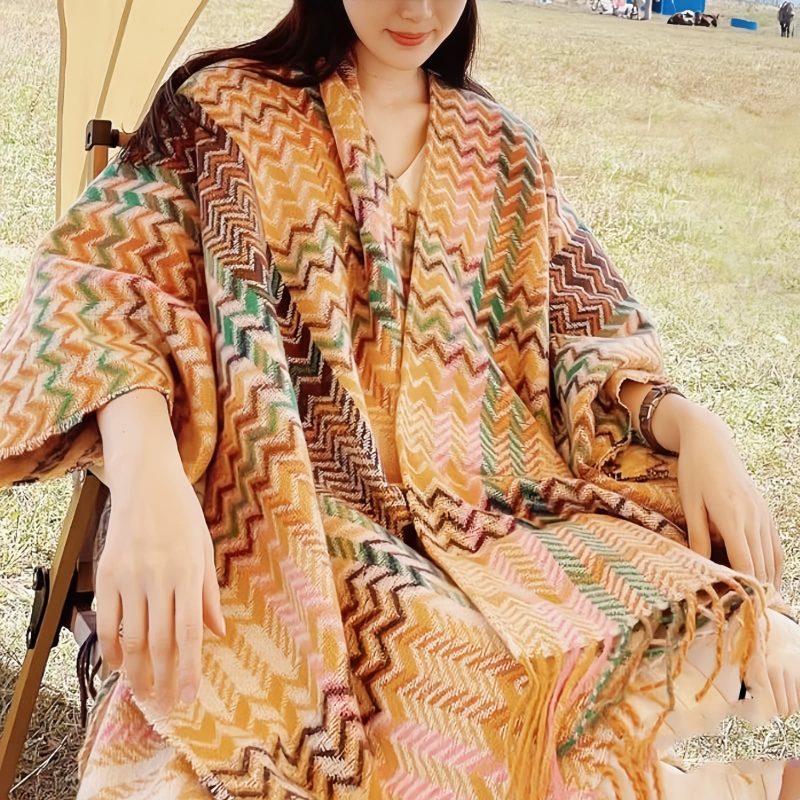 Chale Tibetano de Rayas Onduladas y Colores Vibrantes Tibetan Colorful Wavy Striped Shawl