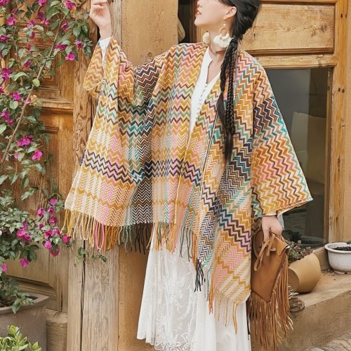 Chale Tibetano de Rayas Onduladas y Colores Vibrantes Chale Tibetano de Rayas Onduladas y Colores Vibrantes