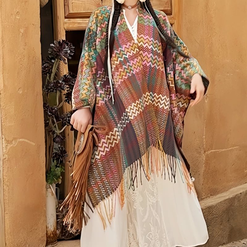 Chale Tibetano de Rayas Onduladas y Colores Vibrantes Tibetan Colorful Wavy Striped Shawl