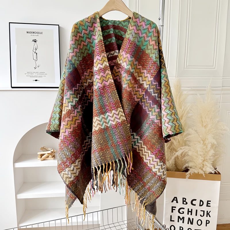 Chale Tibetano de Rayas Onduladas y Colores Vibrantes Tibetan Colorful Wavy Striped Shawl