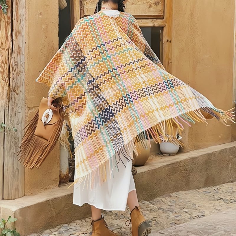 Chale Tibetano de Rayas Onduladas y Colores Vibrantes Tibetan Colorful Wavy Striped Shawl
