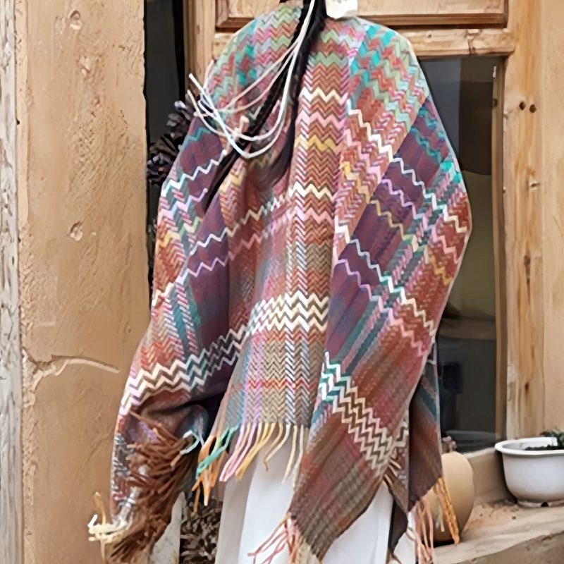 Chale Tibetano de Rayas Onduladas y Colores Vibrantes Tibetan Colorful Wavy Striped Shawl