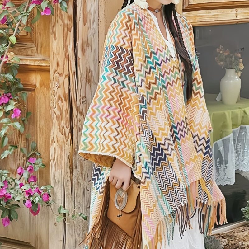 Chale Tibetano de Rayas Onduladas y Colores Vibrantes Tibetan Colorful Wavy Striped Shawl