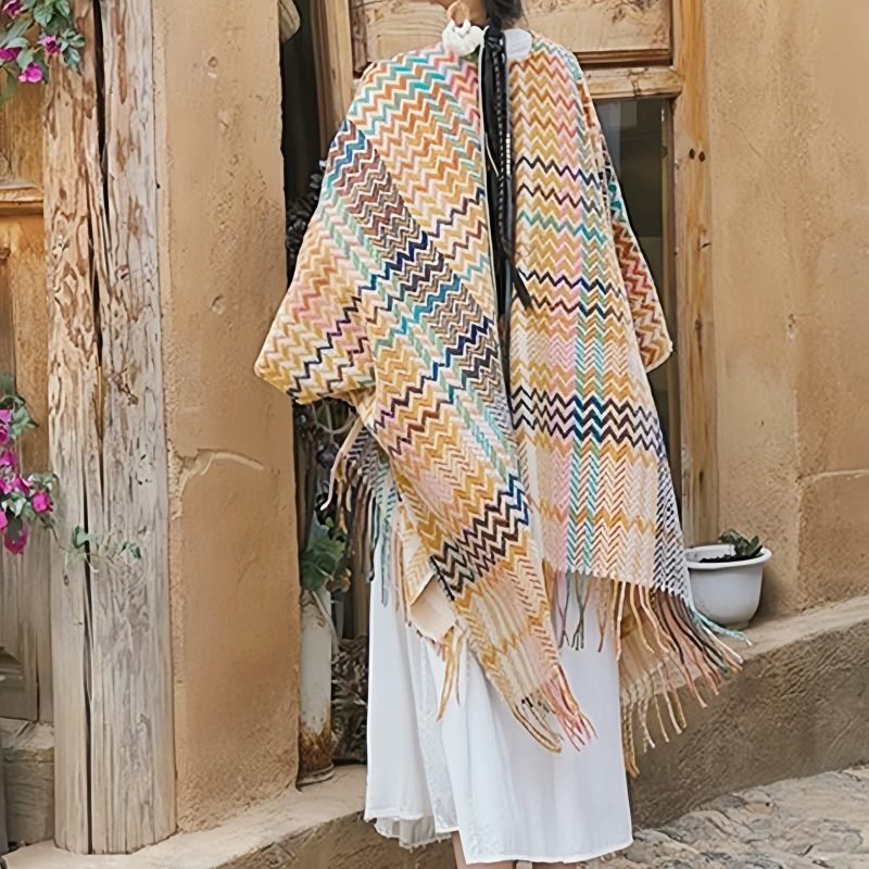 Chale Tibetano de Rayas Onduladas y Colores Vibrantes Tibetan Colorful Wavy Striped Shawl