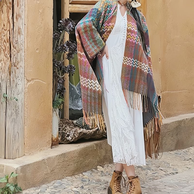Chale Tibetano de Rayas Onduladas y Colores Vibrantes Tibetan Colorful Wavy Striped Shawl