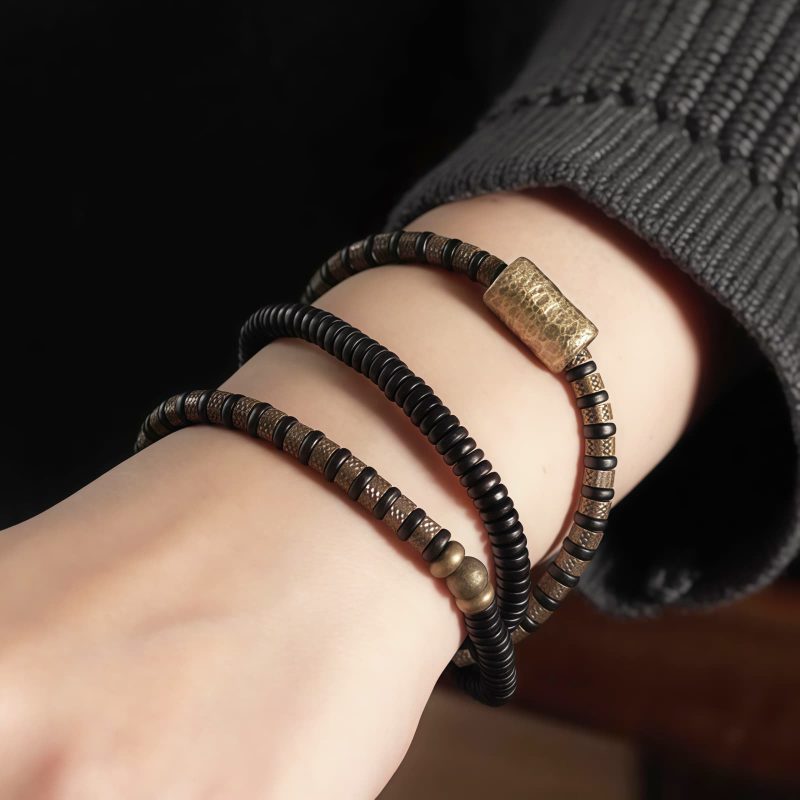 سوار يد من خشب الأبنوس التبتي والنحاس متعدد الطبقات للشفاء Tibetan Ebony Wood Beads Copper Multilayered Healing Bracelet