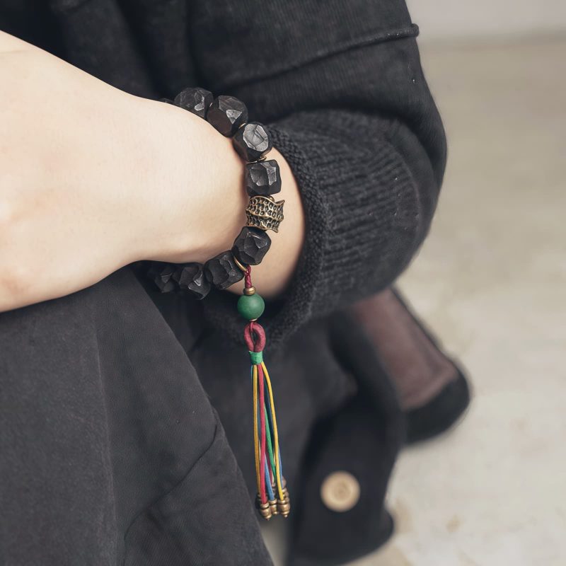 Pulsera Mala de Paz de Madera de Ébano Tibetano y Cobre Tibetan Ebony Wood Copper Peace Mala Bracelet