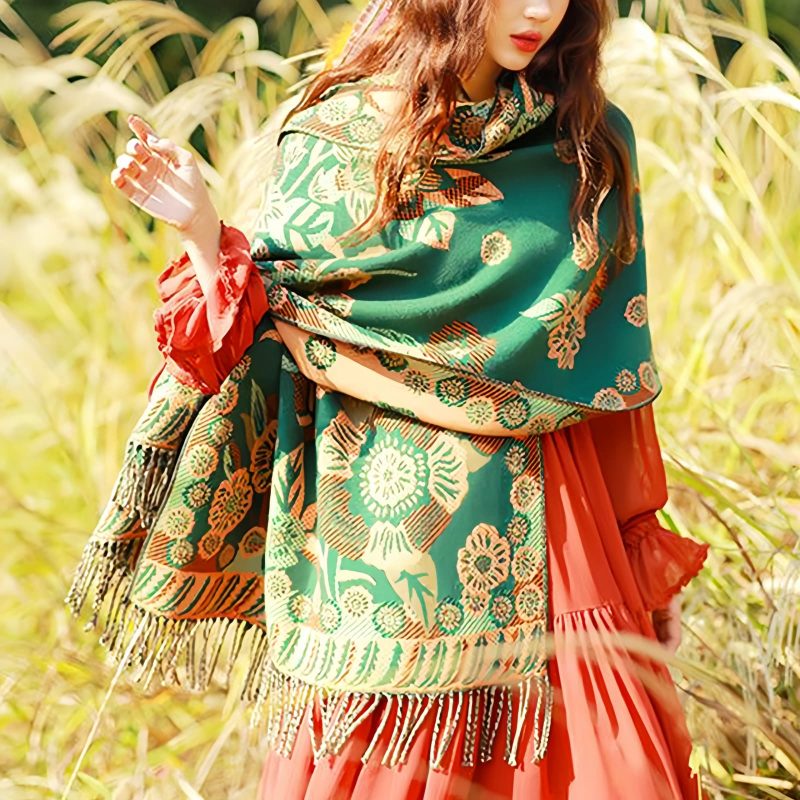 Chal Chalina con Estampado de Hojas Florales Tibetanas Tibetan Floral Leaves Pattern Shawl