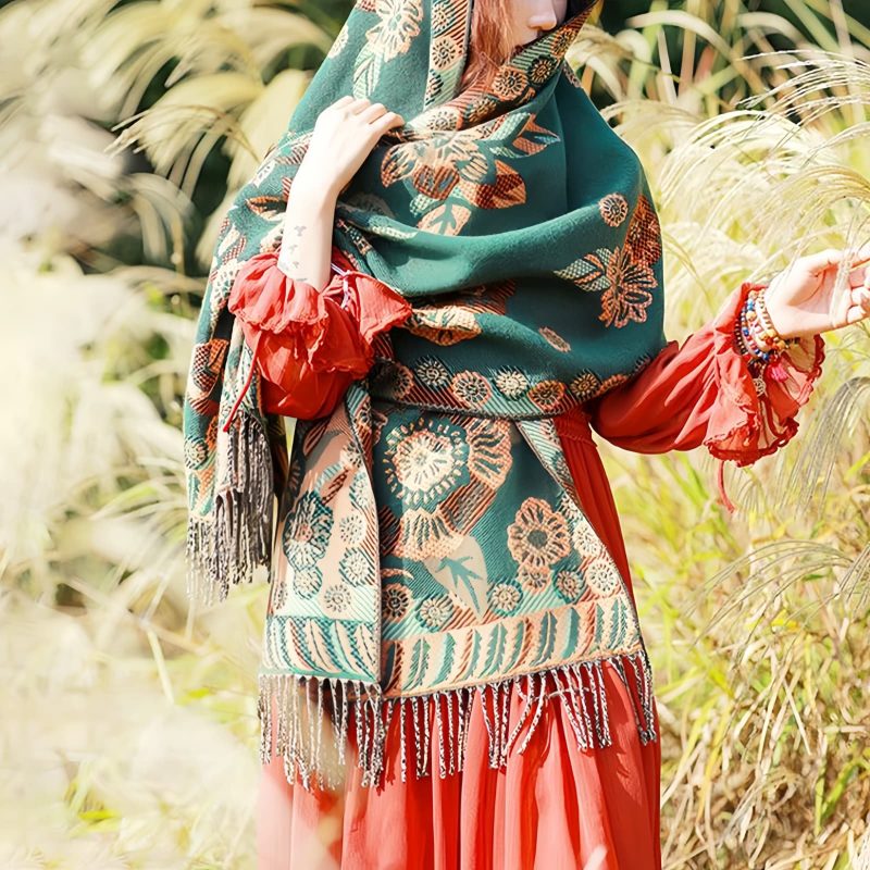 Chal Chalina con Estampado de Hojas Florales Tibetanas Tibetan Floral Leaves Pattern Shawl