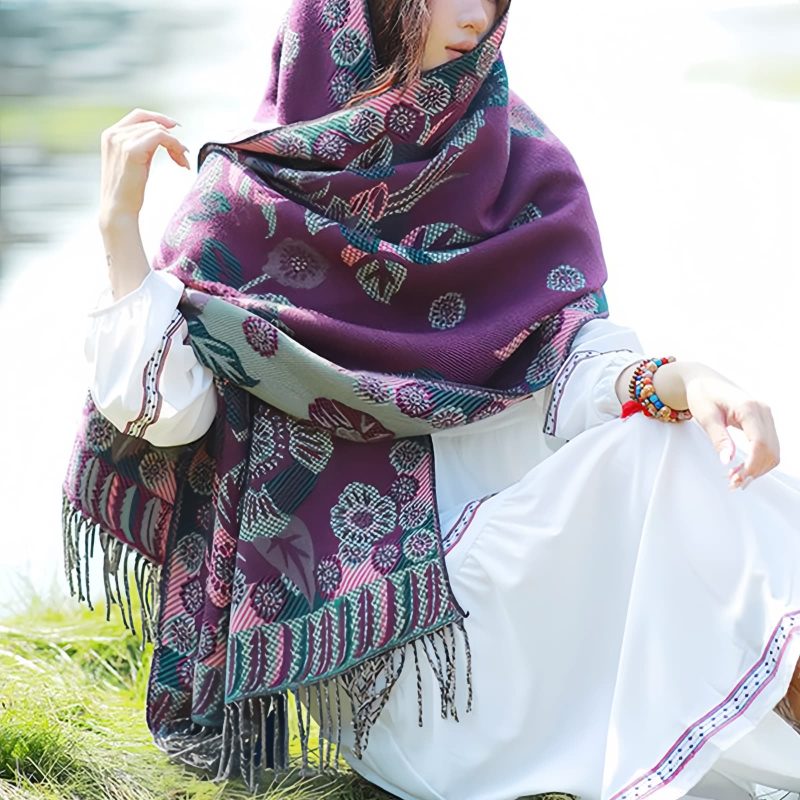 Chal Chalina con Estampado de Hojas Florales Tibetanas Tibetan Floral Leaves Pattern Shawl
