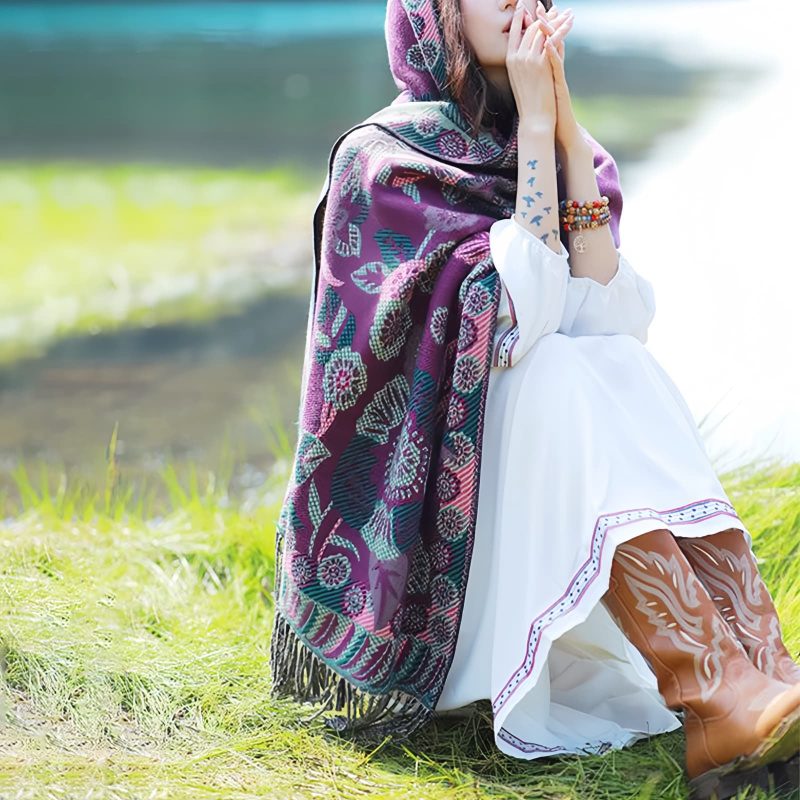 Chal Chalina con Estampado de Hojas Florales Tibetanas Tibetan Floral Leaves Pattern Shawl