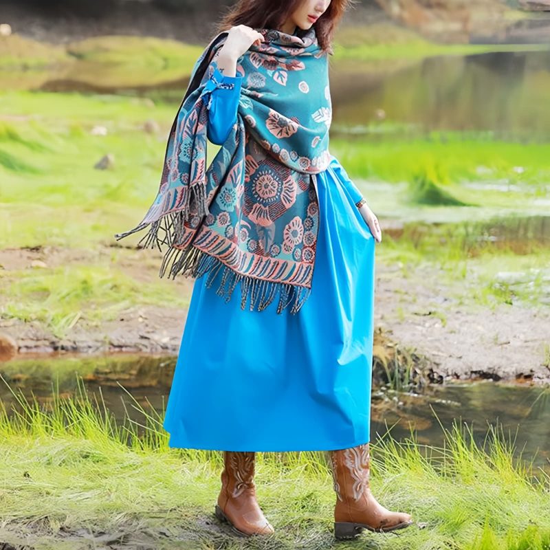 Chal Chalina con Estampado de Hojas Florales Tibetanas Tibetan Floral Leaves Pattern Shawl