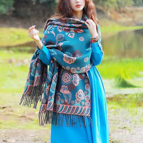Chal Chalina con Estampado de Hojas Florales Tibetanas Chal Chalina con Estampado de Hojas Florales Tibetanas
