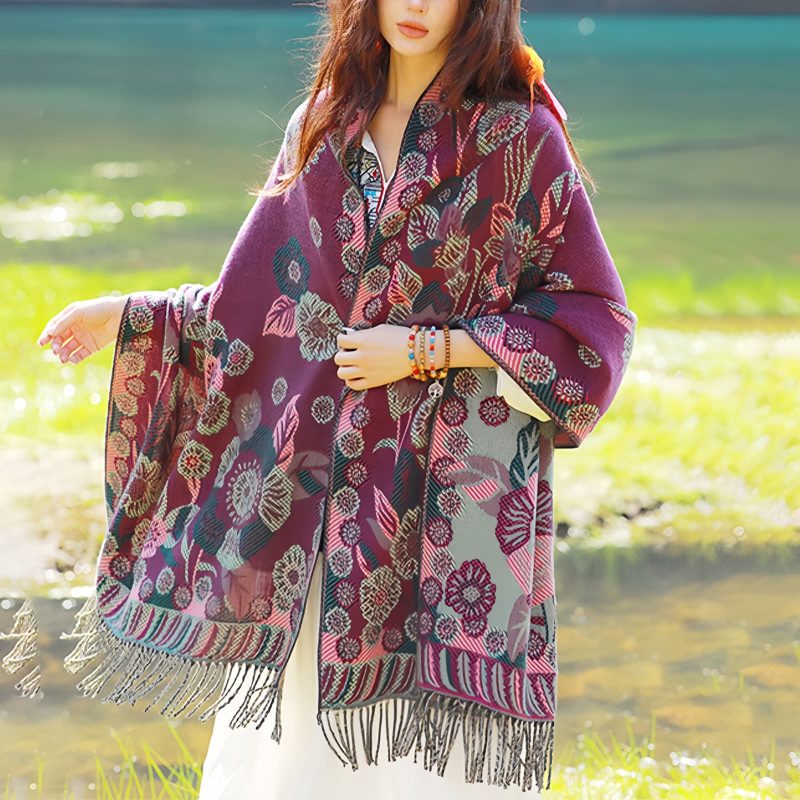 Chal Chalina con Estampado de Hojas Florales Tibetanas Tibetan Floral Leaves Pattern Shawl