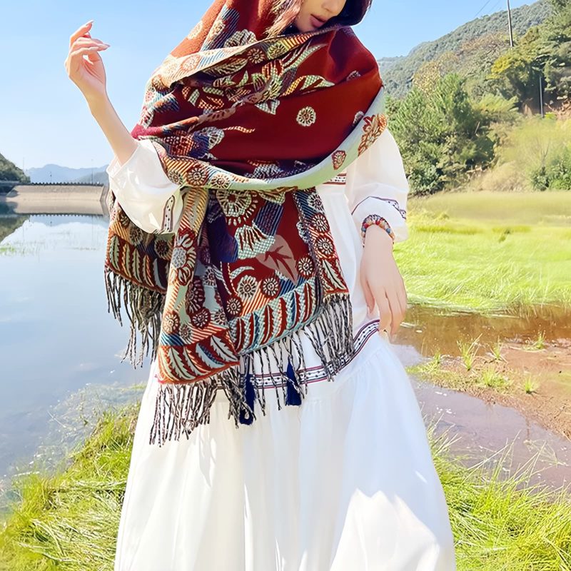 Chal Chalina con Estampado de Hojas Florales Tibetanas Tibetan Floral Leaves Pattern Shawl