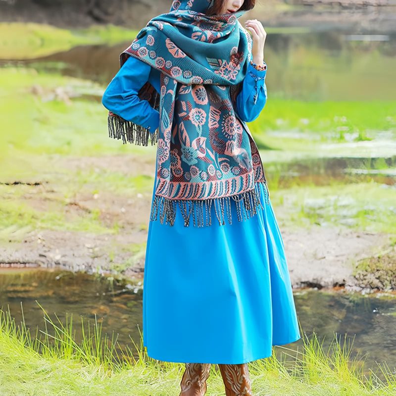 Chal Chalina con Estampado de Hojas Florales Tibetanas Tibetan Floral Leaves Pattern Shawl