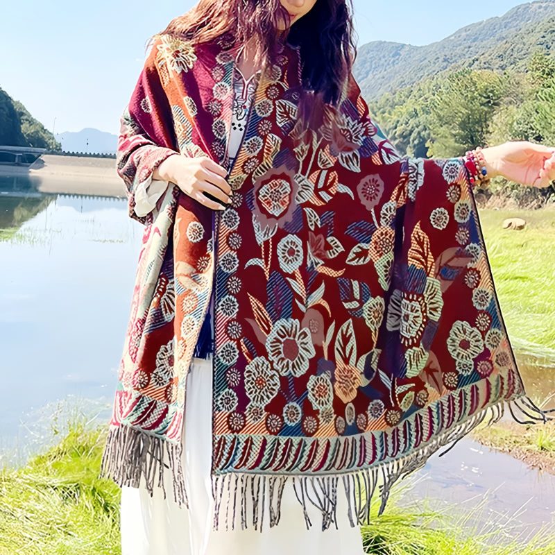 Chal Chalina con Estampado de Hojas Florales Tibetanas Tibetan Floral Leaves Pattern Shawl