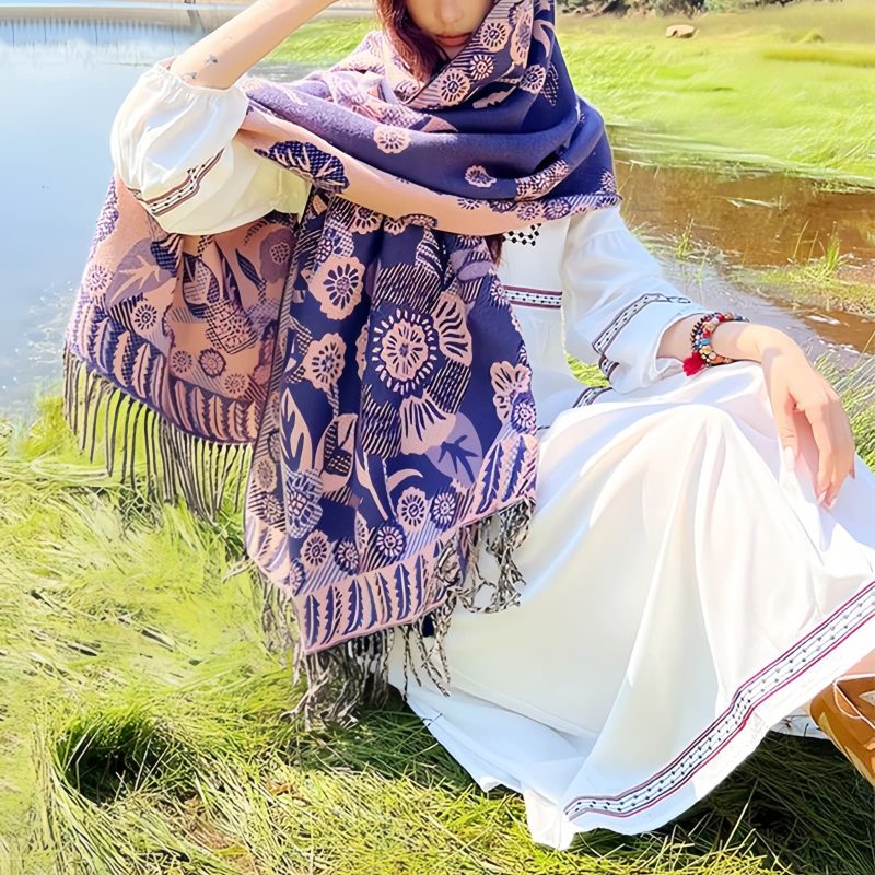 Chal Chalina con Estampado de Hojas Florales Tibetanas Tibetan Floral Leaves Pattern Shawl