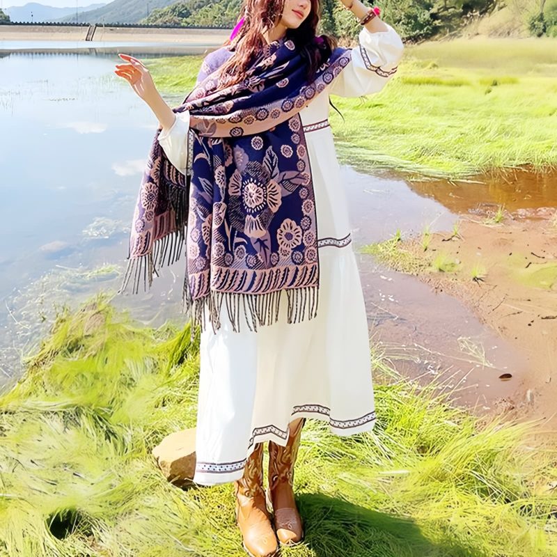 Chal Chalina con Estampado de Hojas Florales Tibetanas Tibetan Floral Leaves Pattern Shawl