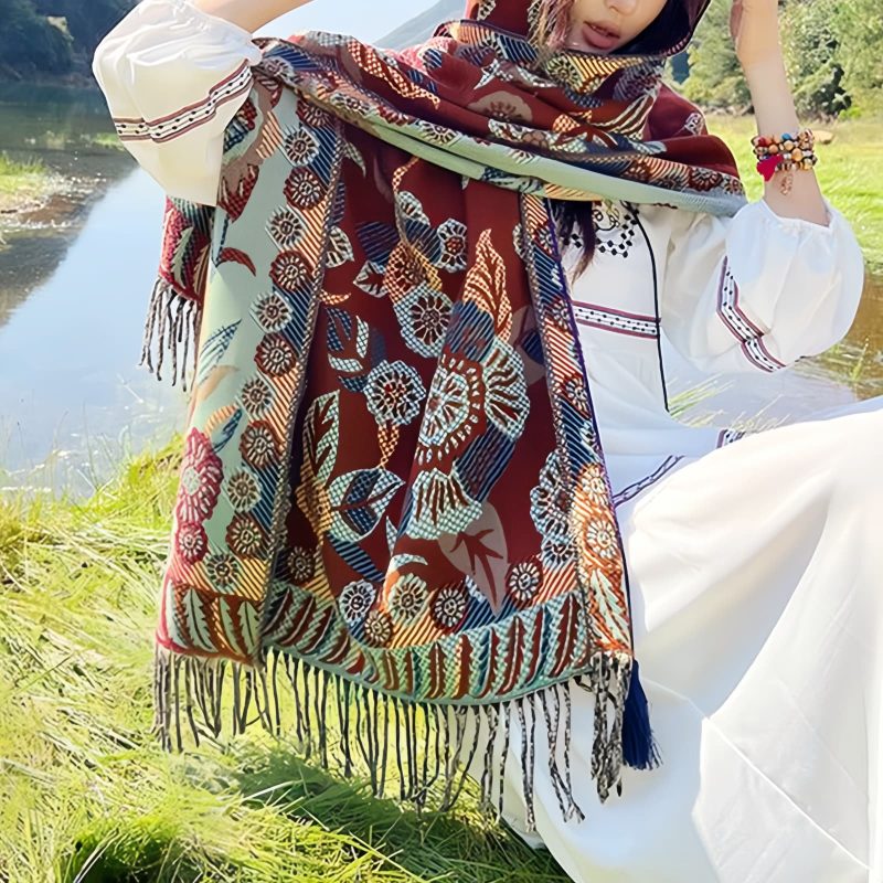 Chal Chalina con Estampado de Hojas Florales Tibetanas Tibetan Floral Leaves Pattern Shawl