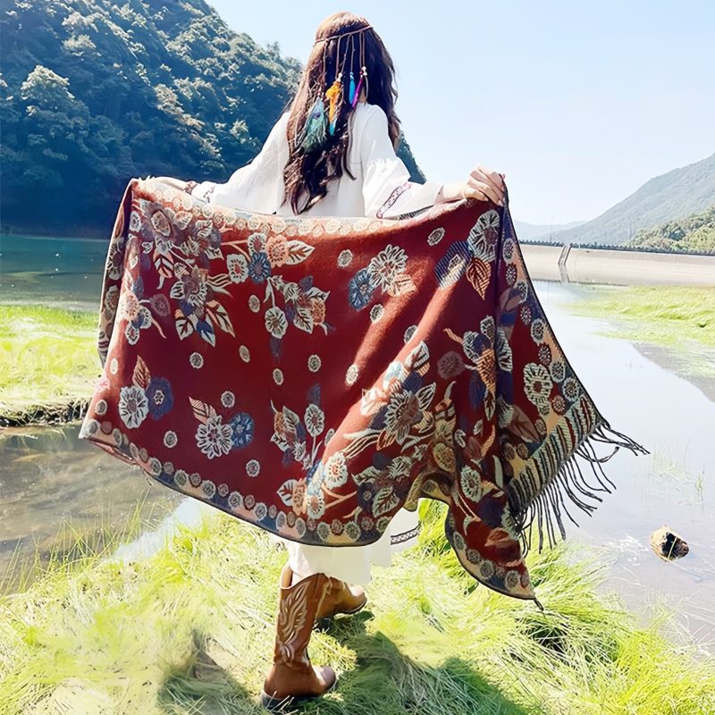 Chal Chalina con Estampado de Hojas Florales Tibetanas Tibetan Floral Leaves Pattern Shawl