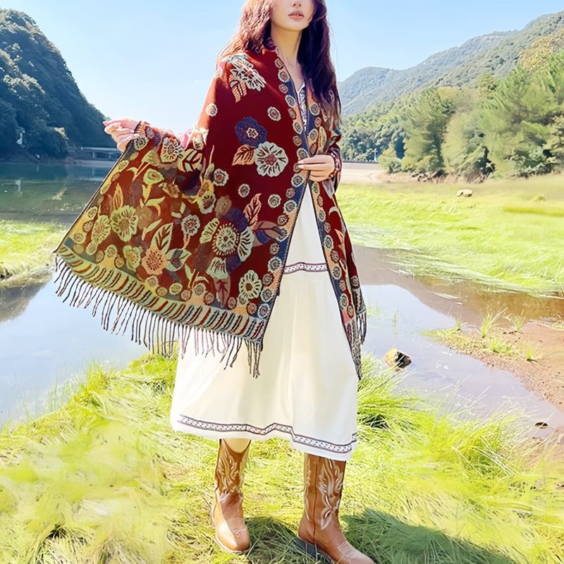 Chal Chalina con Estampado de Hojas Florales Tibetanas Tibetan Floral Leaves Pattern Shawl