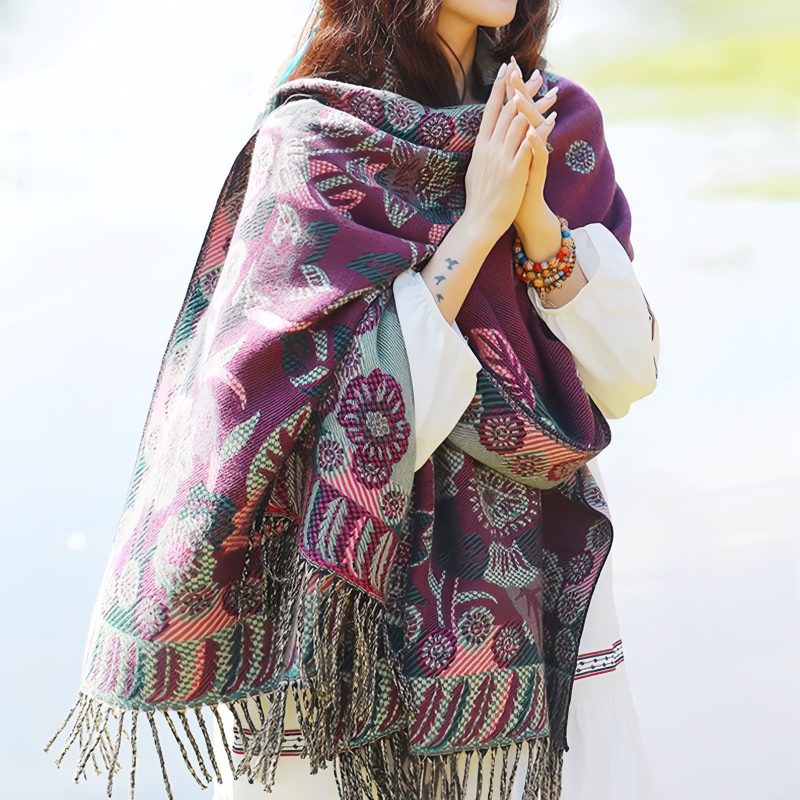Chal Chalina con Estampado de Hojas Florales Tibetanas Tibetan Floral Leaves Pattern Shawl