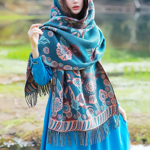 Chal Chalina con Estampado de Hojas Florales Tibetanas Chal Chalina con Estampado de Hojas Florales Tibetanas