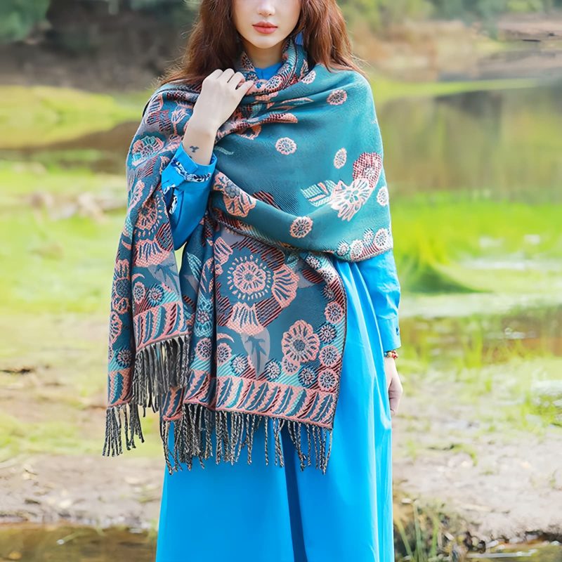 Chal Chalina con Estampado de Hojas Florales Tibetanas Tibetan Floral Leaves Pattern Shawl