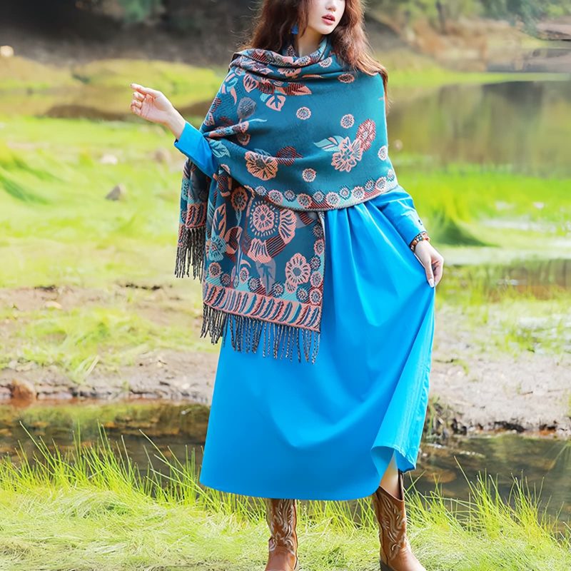 Chal Chalina con Estampado de Hojas Florales Tibetanas Tibetan Floral Leaves Pattern Shawl