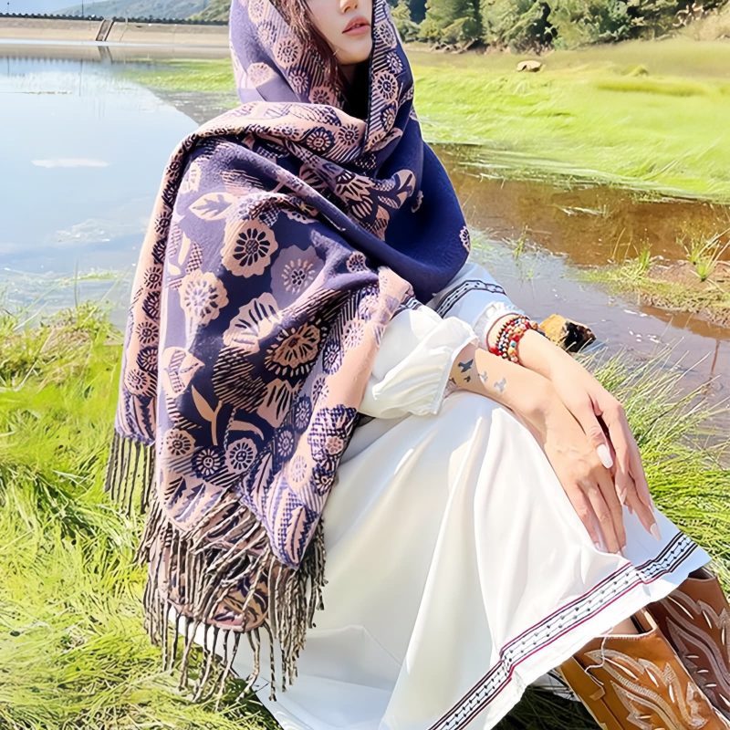 Chal Chalina con Estampado de Hojas Florales Tibetanas Tibetan Floral Leaves Pattern Shawl