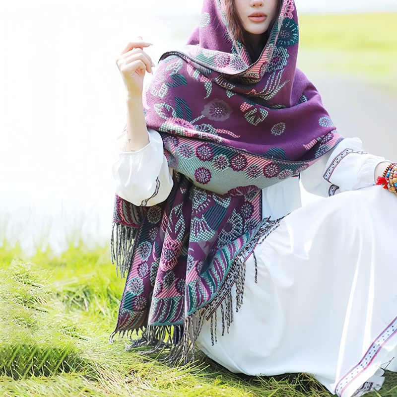 Chal Chalina con Estampado de Hojas Florales Tibetanas Tibetan Floral Leaves Pattern Shawl