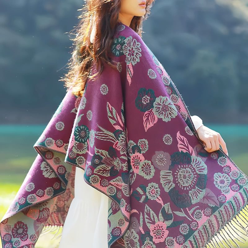 Chal Chalina con Estampado de Hojas Florales Tibetanas Tibetan Floral Leaves Pattern Shawl