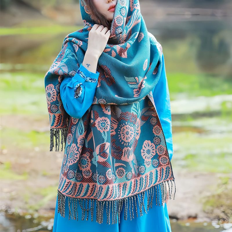 Chal Chalina con Estampado de Hojas Florales Tibetanas Tibetan Floral Leaves Pattern Shawl
