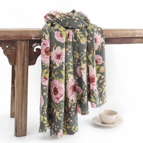 Chal Tibético con Estampado de Flores en Flor Chal Tibético con Estampado de Flores en Flor