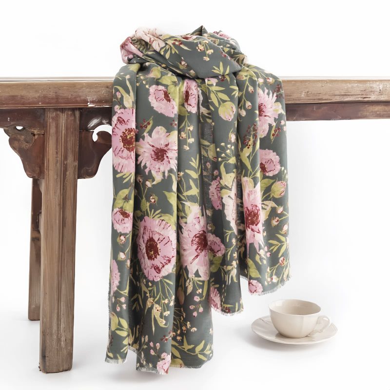 Chal Tibético con Estampado de Flores en Flor Tibetan Shawl Blooming Flowers Print Scarf