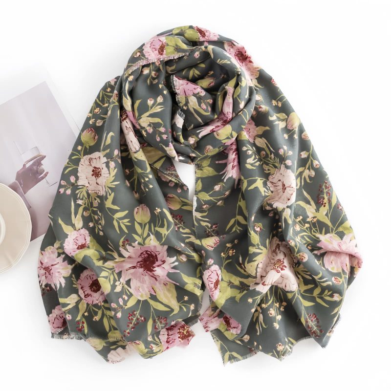 Chal Tibético con Estampado de Flores en Flor Tibetan Shawl Blooming Flowers Print Scarf