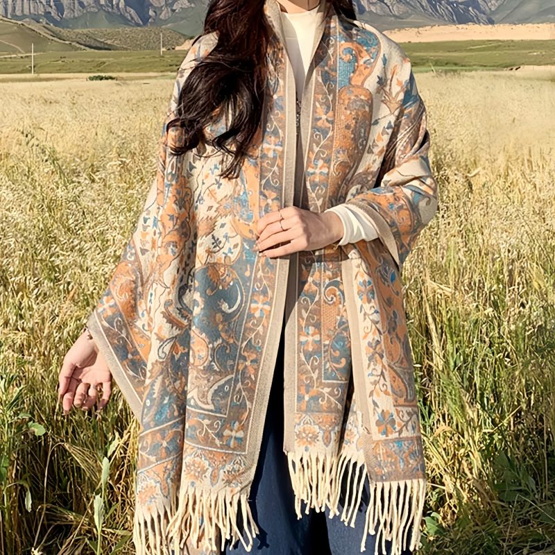 Chale de borlas con ramas de flores tibetanas Tibetan Flower Branch Tassel Shawl