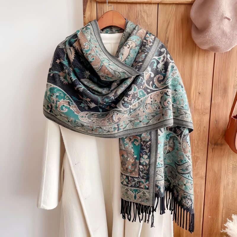 Chale de borlas con ramas de flores tibetanas Tibetan Flower Branch Tassel Shawl