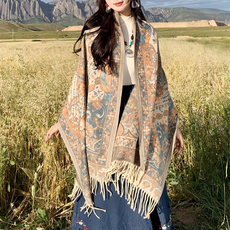 Chale de borlas con ramas de flores tibetanas Tibetan Flower Branch Tassel Shawl
