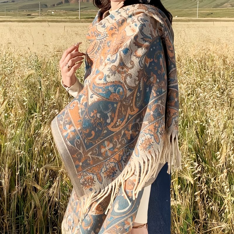 Chale de borlas con ramas de flores tibetanas Tibetan Flower Branch Tassel Shawl