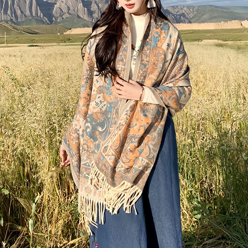 Chale de borlas con ramas de flores tibetanas Tibetan Flower Branch Tassel Shawl
