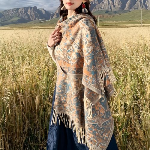 Chale de borlas con ramas de flores tibetanas Chale de borlas con ramas de flores tibetanas