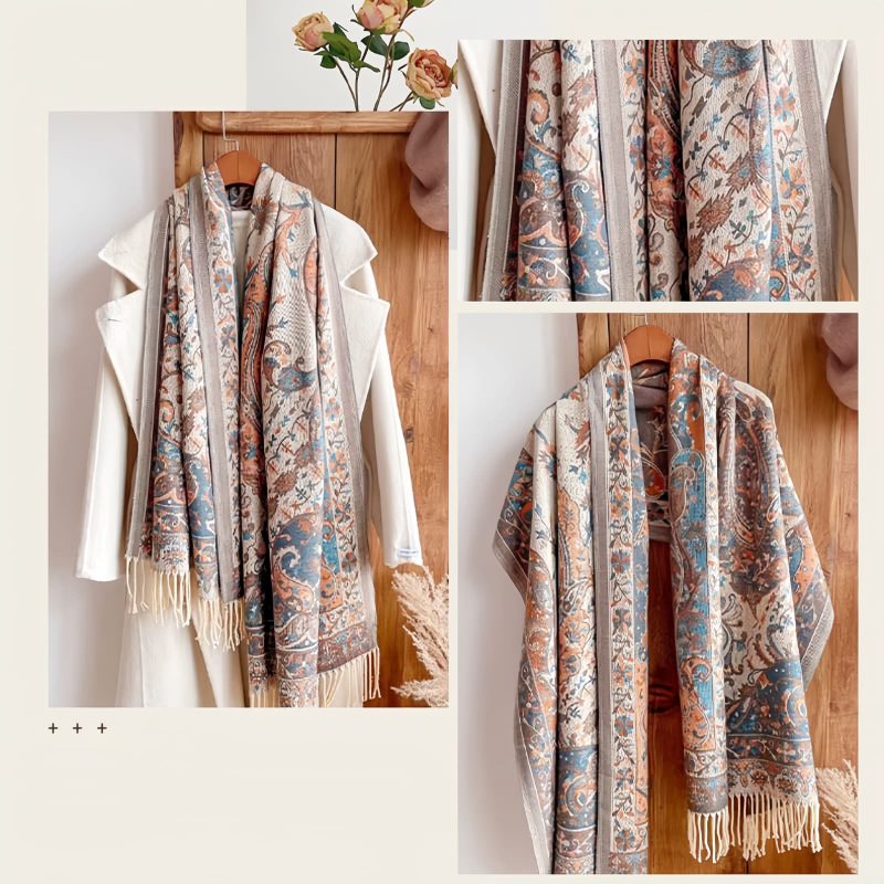 Chale de borlas con ramas de flores tibetanas Tibetan Flower Branch Tassel Shawl