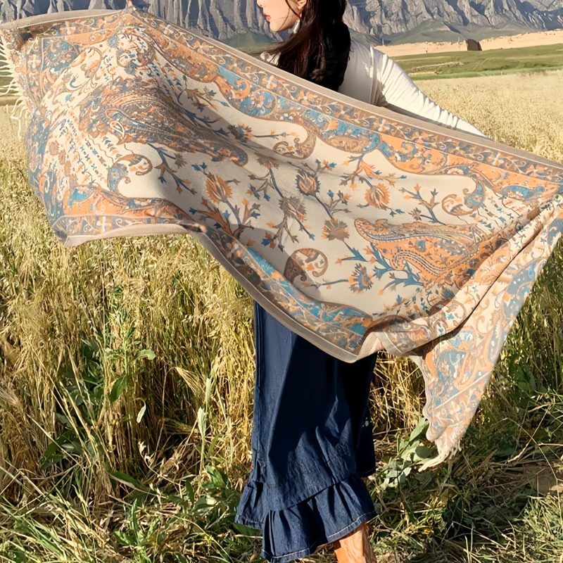 Chale de borlas con ramas de flores tibetanas Tibetan Flower Branch Tassel Shawl
