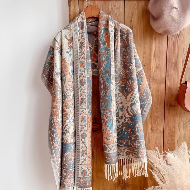 Chale de borlas con ramas de flores tibetanas Tibetan Flower Branch Tassel Shawl