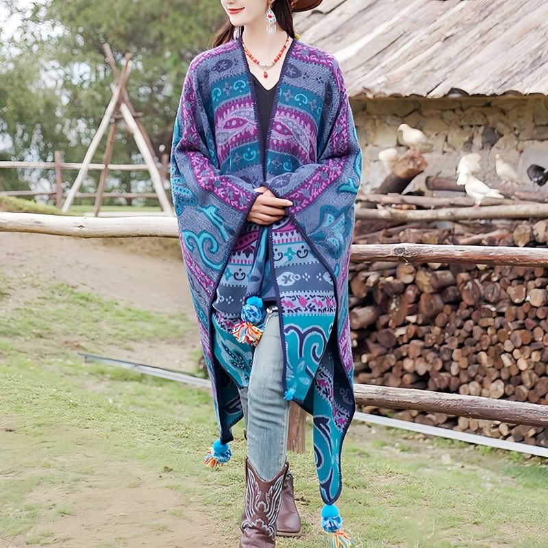 Chalina Tibetana con Diseño Floral Geométrico Tibetan Geometric Floral Design Shawl